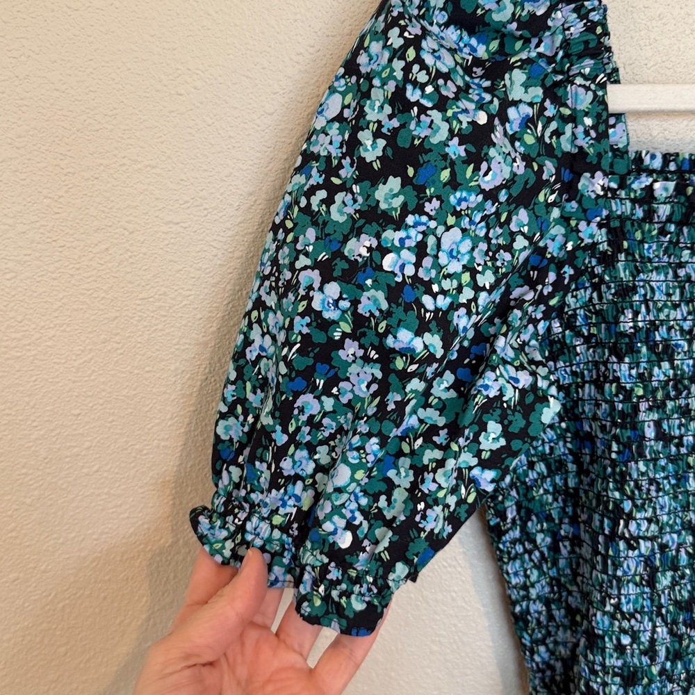 J. Crew Factory Floral Smocked Bodice Poplin Top Black Heritage Green Small - Picture 6 of 9